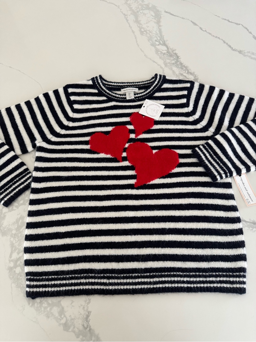 Cupcakes & Cashmere Navy & White Red Hearts Striped Sweater Women’s L